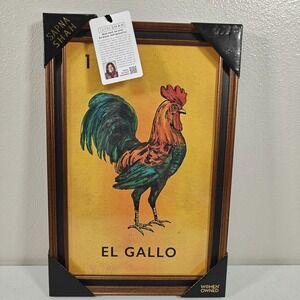 Sapna Shah El Gallo Loteria #1 Rooster Framed Wall Art 12x18" Mexican Decor NEW
